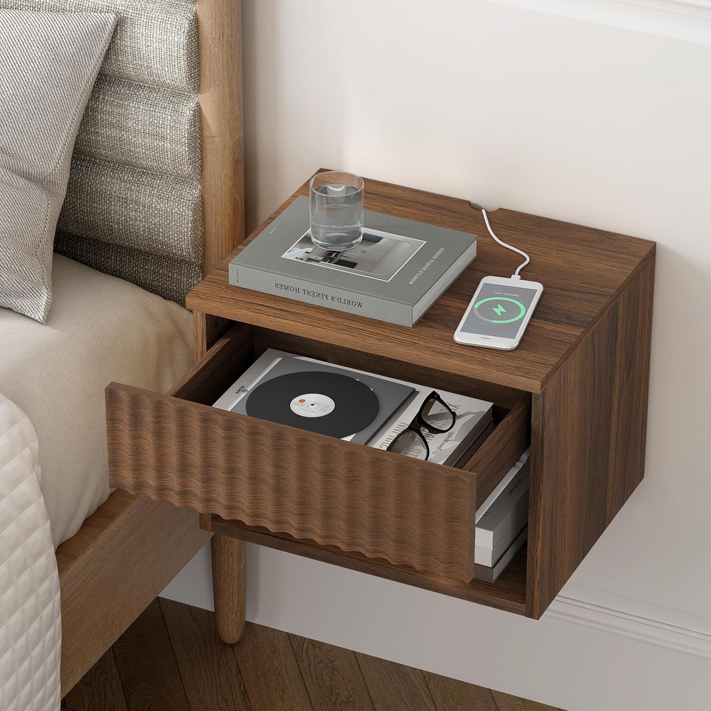Floating Nightstands Set of 4 with Drawer and Open Shelf, Small Wall Mounted Bedside End Table, Modern Fluted Night Stand for Bedroom, Living Room, Brown