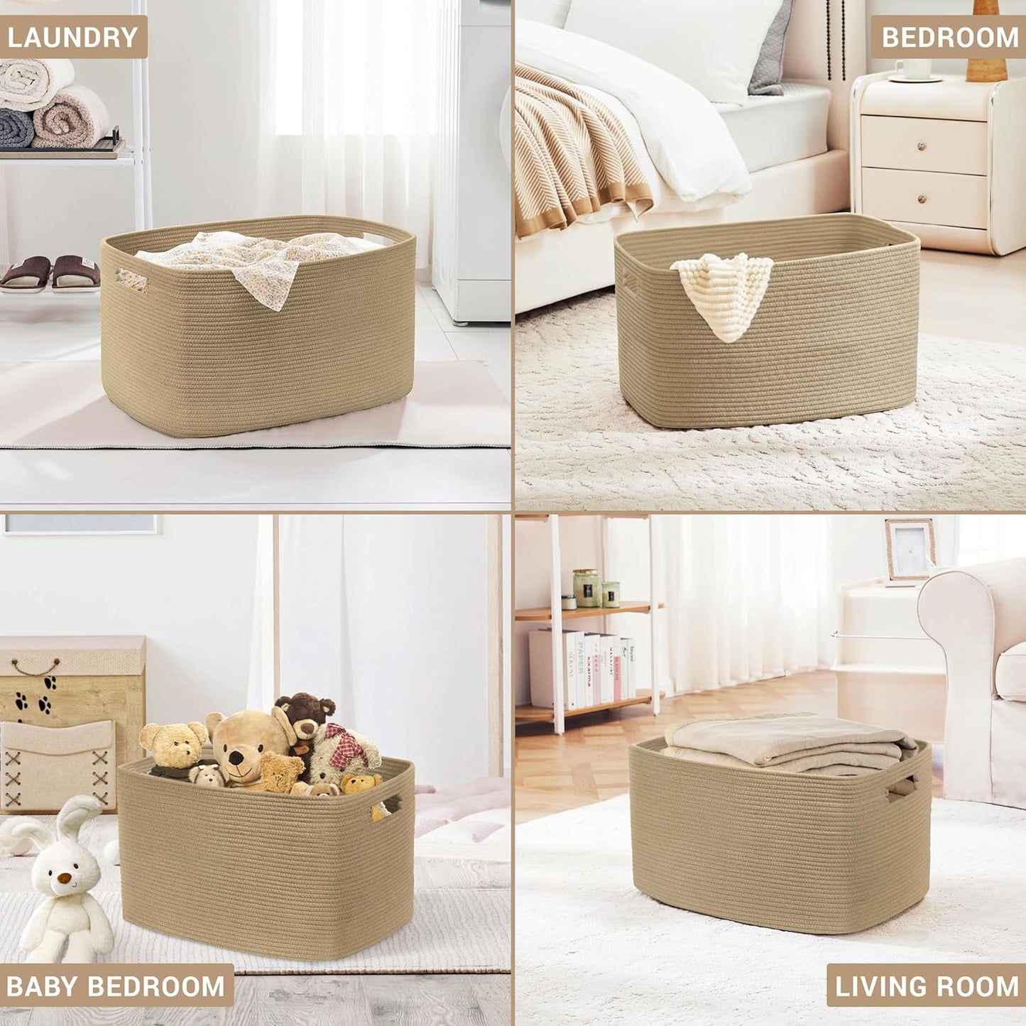 60L Small Wicker Laundry Basket for Living Room Storage,Boho Woven Cotton Rope Baskets for Kids Toy,Gifts,Square Blanket Hamper for Bedroom Dirty Clothes,Jute