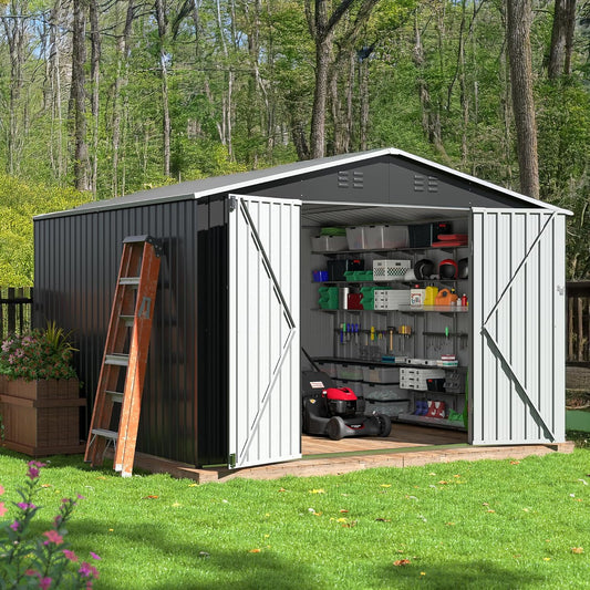 10x10 FT Storage Shed, Garden Shed with Updated Frame Structure and Lockable Doors, Metal Tool Sheds for Backyard Garden Patio Lawn, Grey