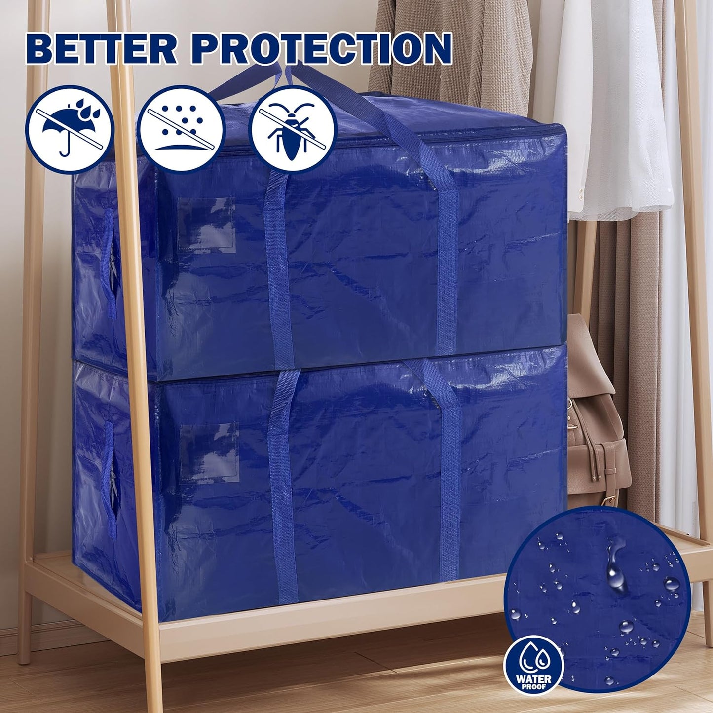 8 Pack Extra Heavy Duty Large Moving Bags with Strong Zipper & Carrying Handles, Sturdy Clothes Storage Bag Totes Bins, Packing Bags Moving Boxes College Moving Supplies, Dark Blue - 33 gal