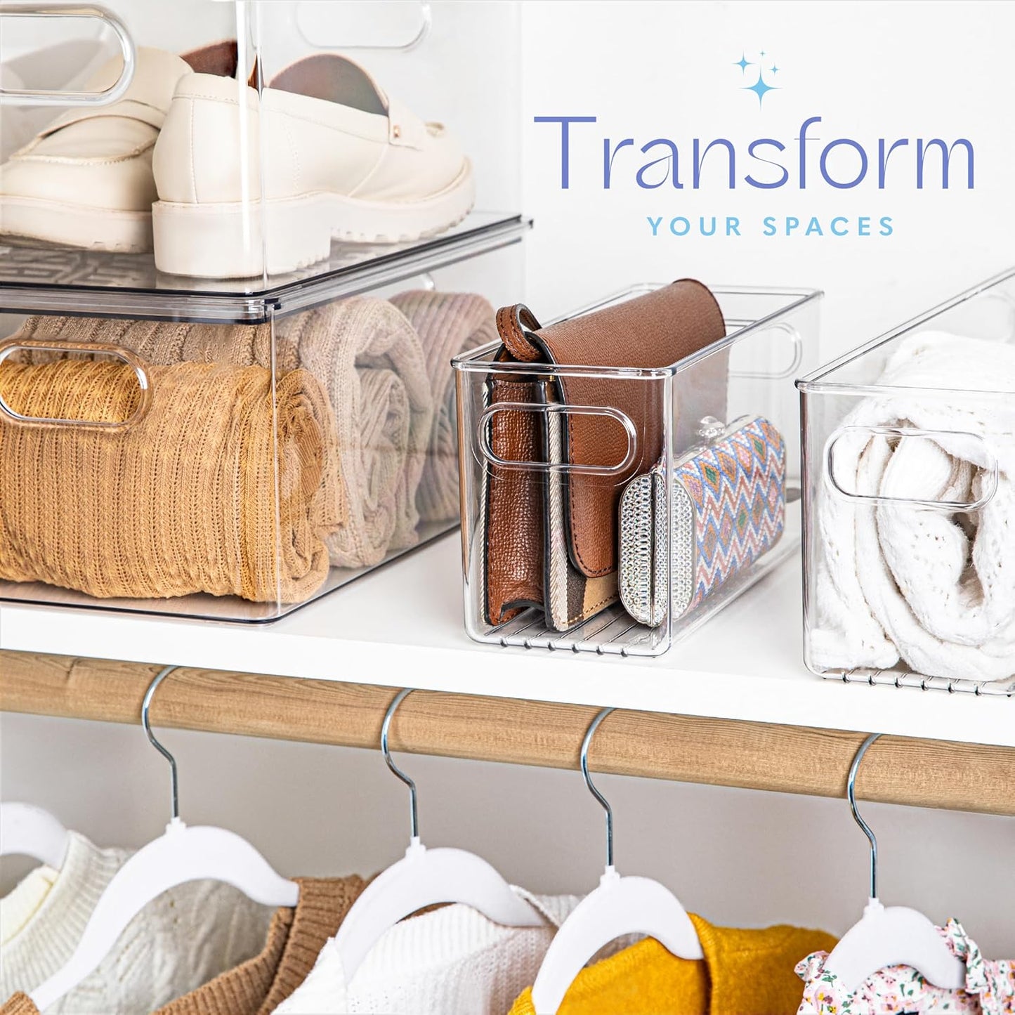 primebox Plastic Food Storage 2 Pack Clear Container Bin with Handles for Organizing Kitchen, Pantry, Refrigerator, Freezer, Pantry, Cabinet, Closet, Bathroom. 10”x4”x5”