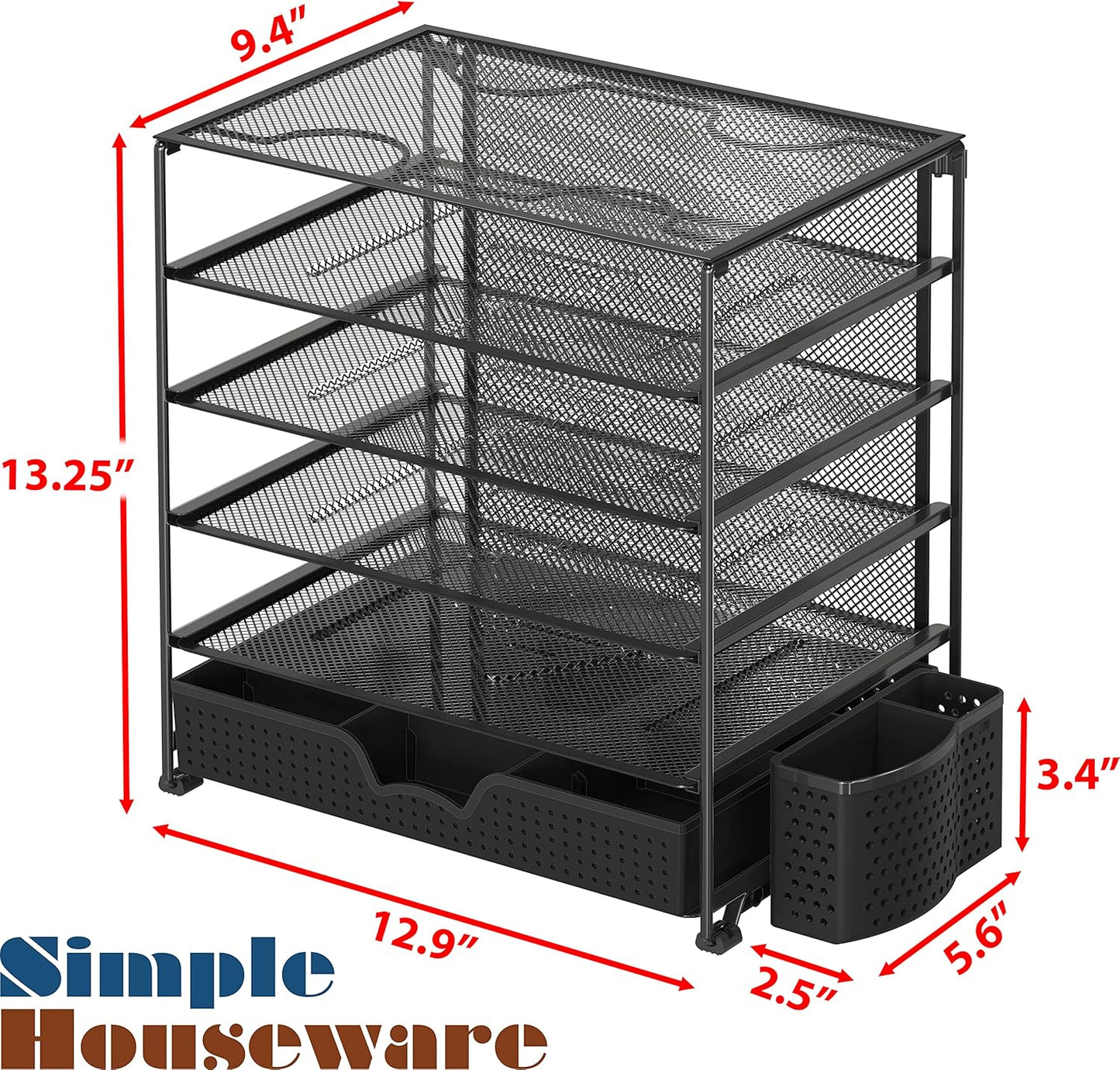 Simple Houseware 5-Tier Document File Tray with Supplies Sliding Drawer and Pen Bucket, Black