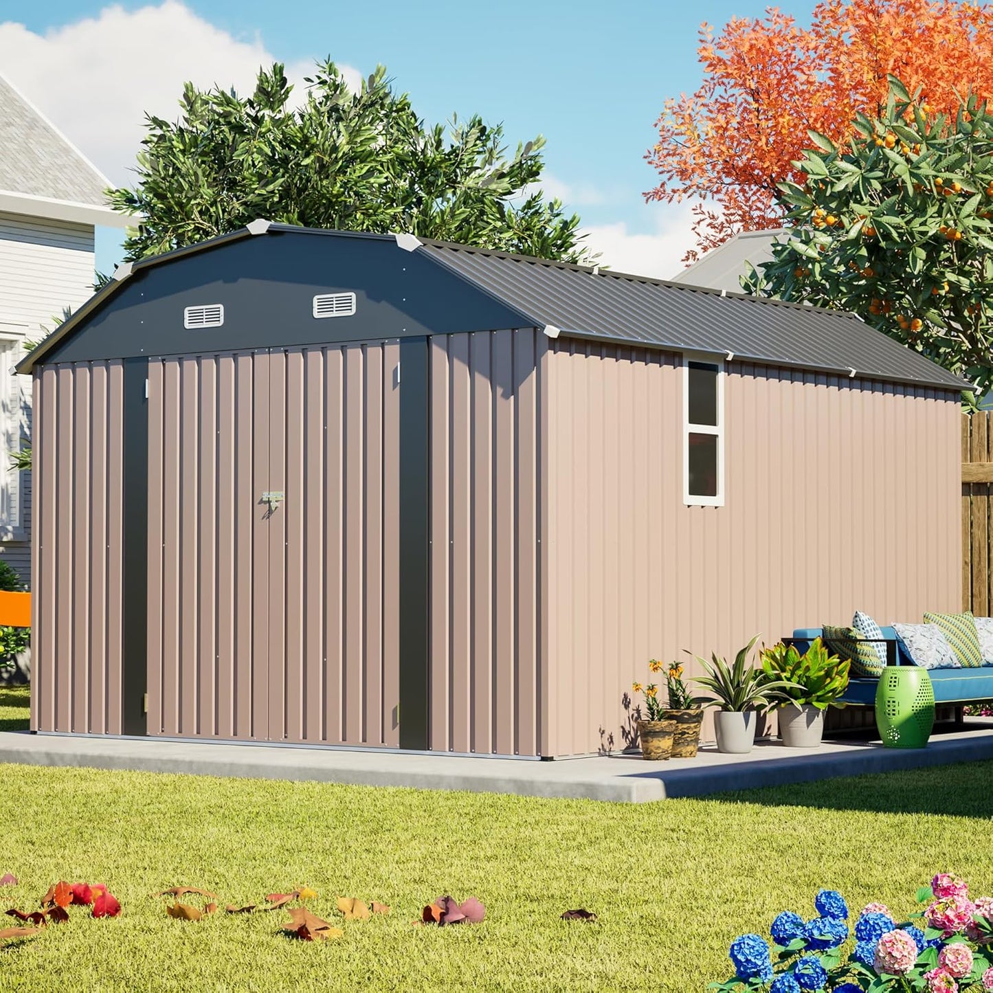 10x12 FT Metal Storage Shed with Floor Frame, Heavy-Duty Outdoor Storage Building with Diamond Roof, 4 Air Vents, Transparent Window & Lockable Double Doors, Snow-Resistant Backyard Garage Shed