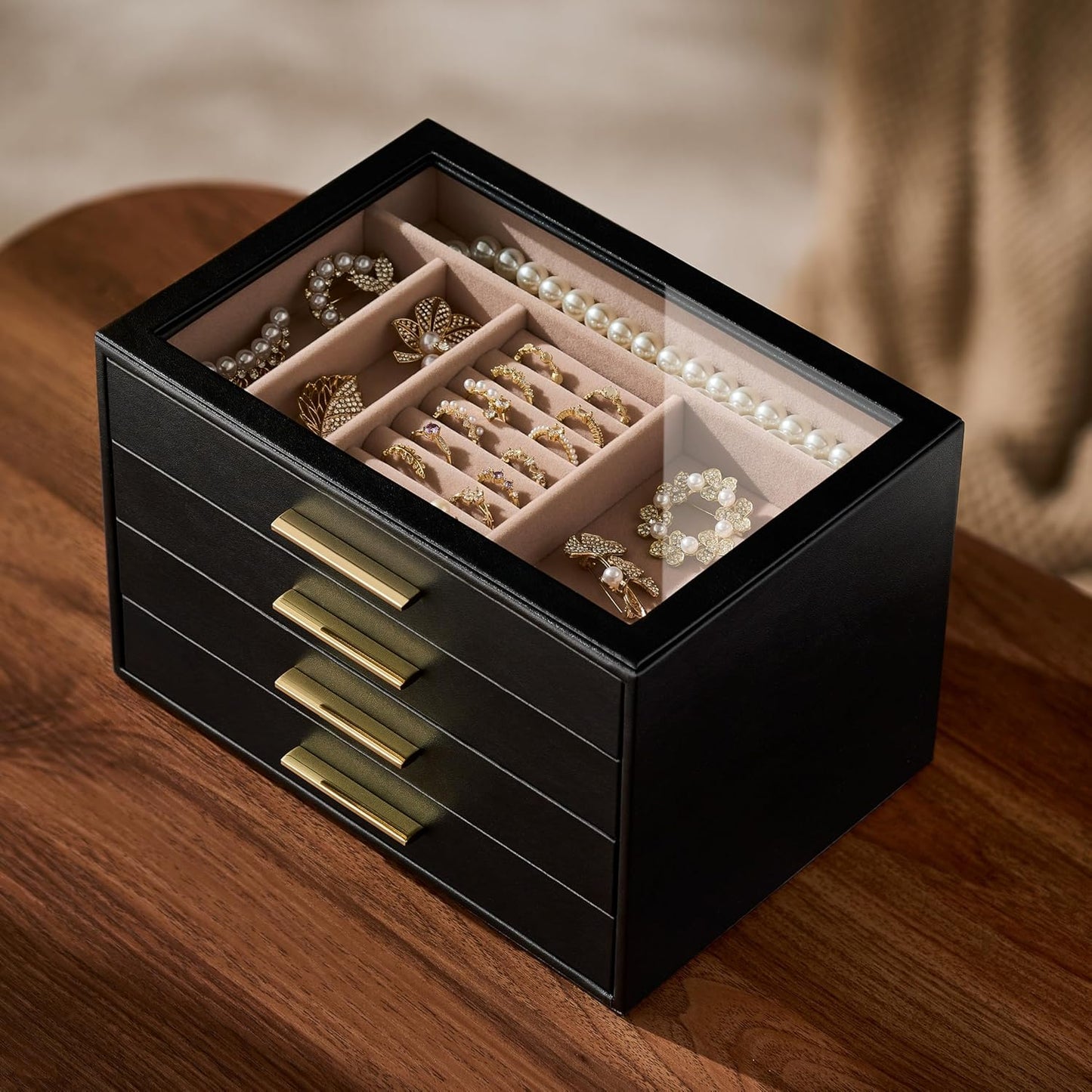 pickpiff Jewelry Box Organizer Case for Women: 4-Layer Jewelry Storage Case with Glass Window, Black Leather with Blush Velvet, Holder for Ring Necklace Bracelet Brooch Watch, Great Gift for Her
