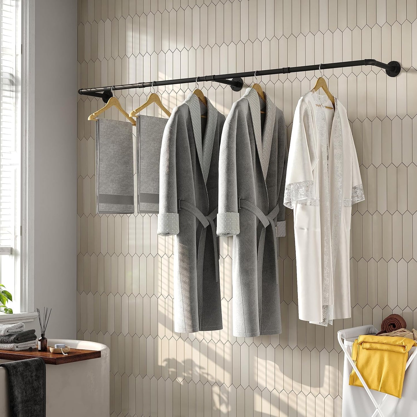 Industrial Pipe Clothes Rack with 3 Hooks, 72’'L Wall Mounted Garment Rack, Heavy Duty Iron Garment Bar, Clothes Hanging Rod Bar for Laundry Room, Max Load 135Lb Black (3 Base)