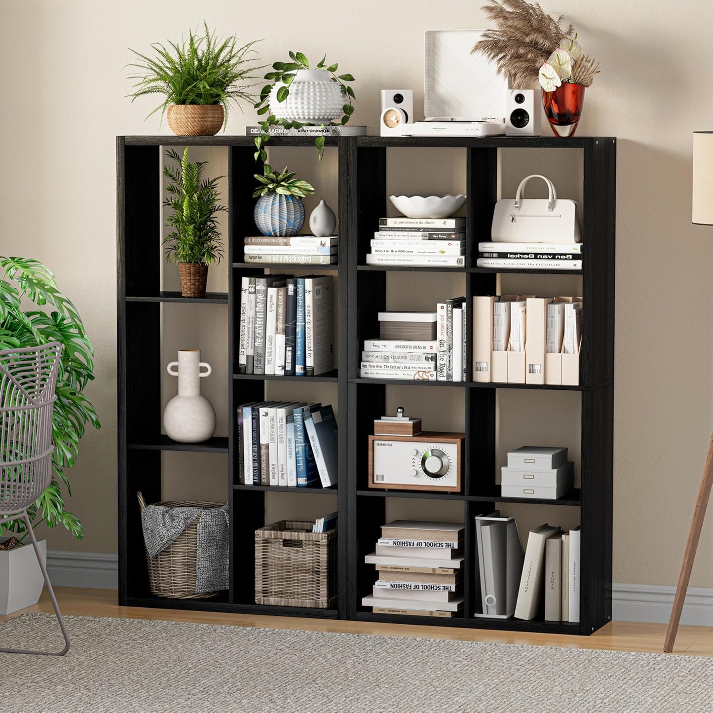 Cube Storage Organizer Bookcase, Decorative 11 inch Open Back Cubical Shelf with Thickened Border, Display Bookshelf for Living Room, Home Office, Sturdy Room (Black, 8 Cube)