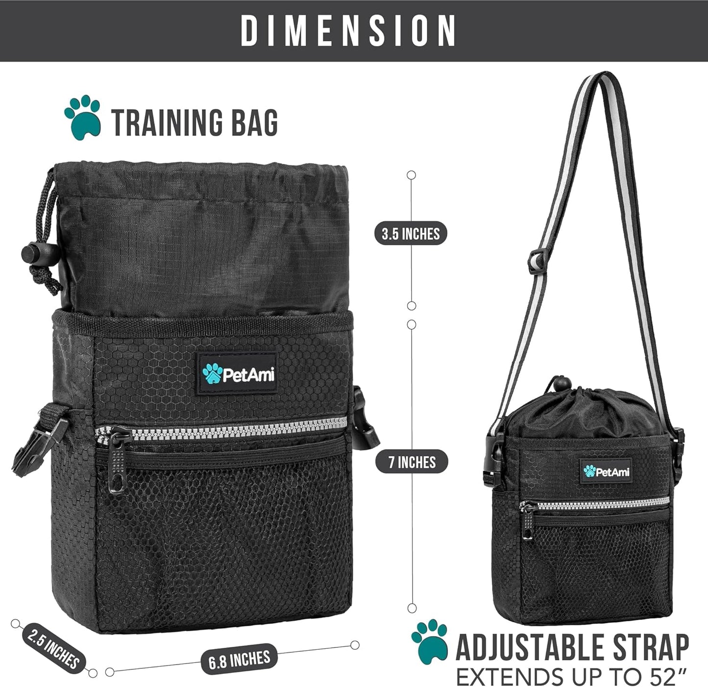 PetAmi Dog Treat Pouch, Pet Treat Pouch for Training, Dog Walking Bag Holder for Kibbles, Pet Food Toy, Dog Trainer Essentials Supplies, Poop Bag Dispenser, 3 Ways to Wear (Black)