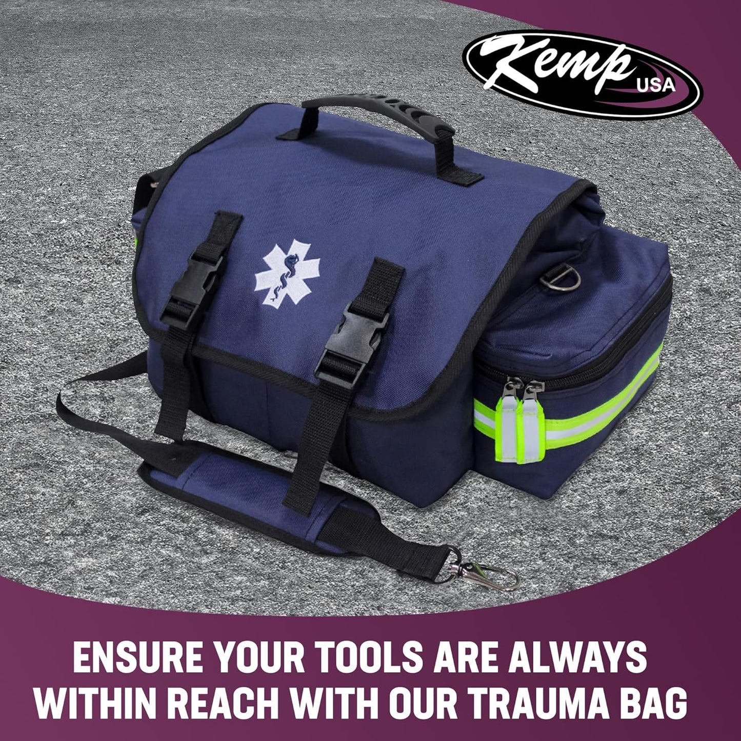 Kemp USA EMT First Responder Trauma Bag, Navy Blue, First Aid & Survival Gear with High-Visibility Reflectors, Rapid Medical Response & Emergency Tools Organizer