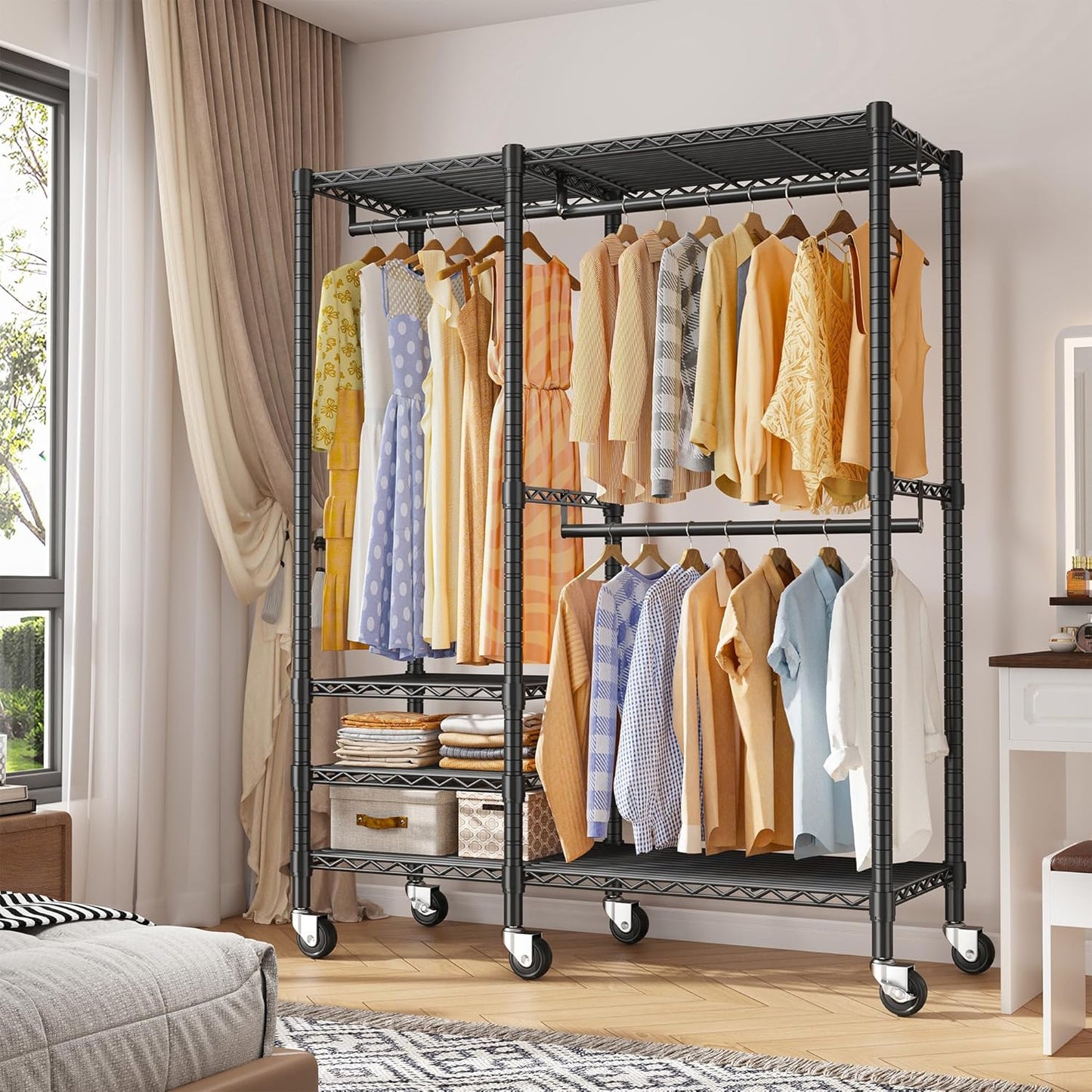 Raybee 79" H Clothes Rack, Clothing Racks for Hanging Clothes, Portable Closet with Wheels and 4 Tiers Adjustable Shelves, Black