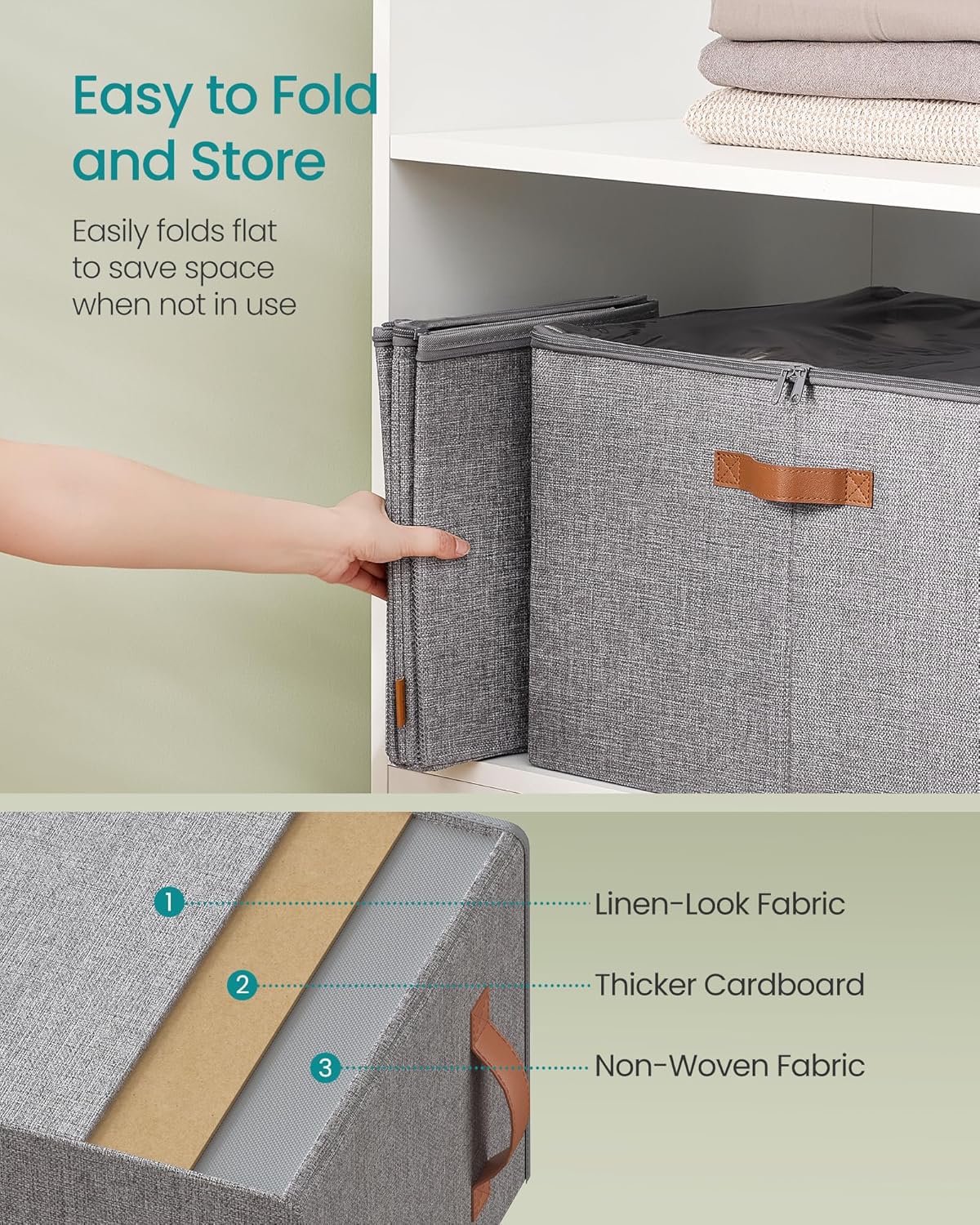 SONGMICS Shoe Organizer for Closet, Shoe Storage Bin, Fits 16 Pairs, Fabric Container with Handles and Clear Cover, Adjustable Dividers, Customizable, Dove Gray ULSP555G01