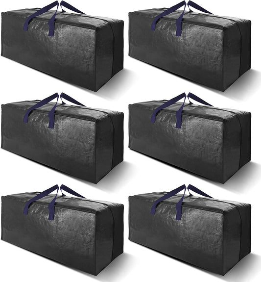 Heavy Duty Extra Large Moving Bags W/Backpack Straps - Strong Handles & Zippers, Storage Totes For Space Saving, Fold Flat, Alternative to Moving Box and Storage Bin (Set of 6, Black)