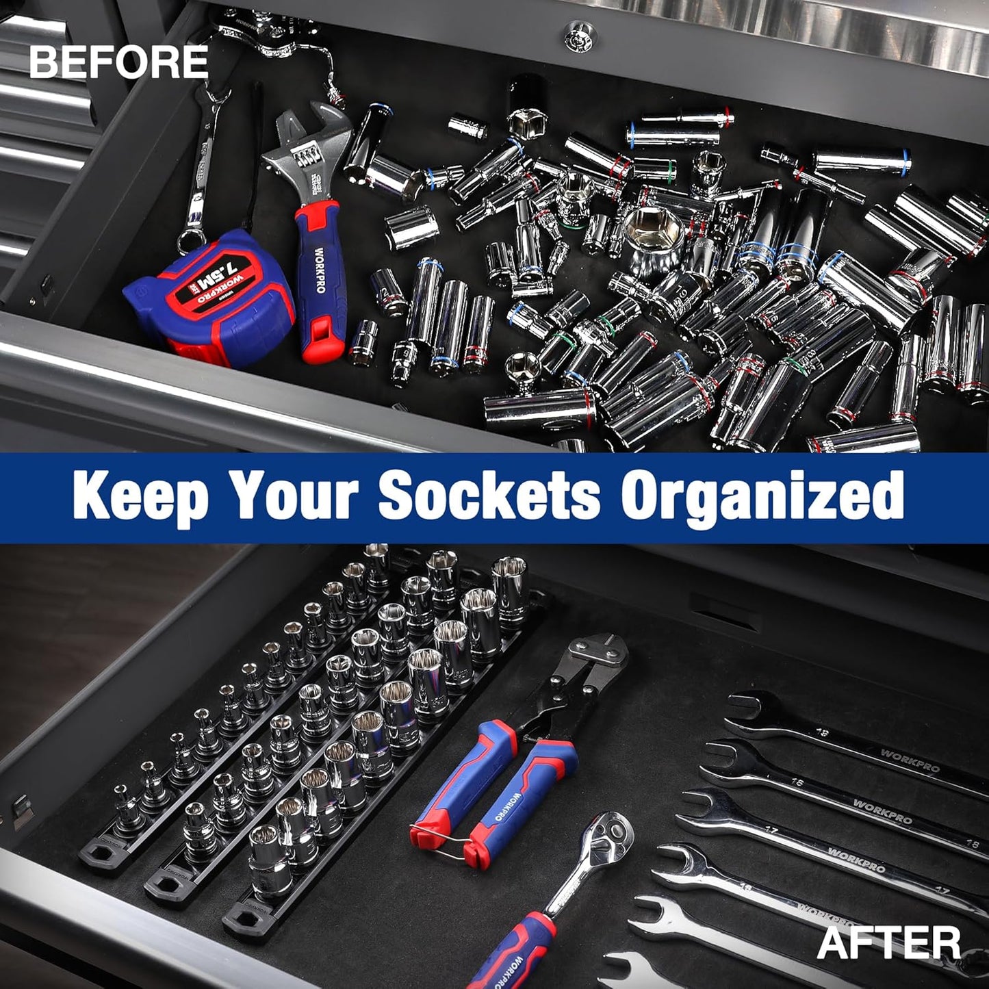 WORKPRO Magnetic Socket Organizer, 3/8-Inch Drive Aluminum Alloy Socket Rail, Heavy Duty Socket Holder, Socket Rack Kit 3/8-Inch x 10 Clips Black (Socket not Included)