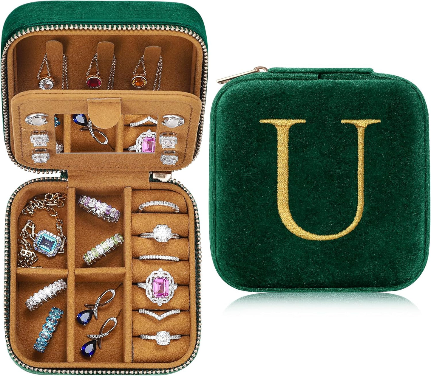 Parima Plush Velvet Travel Jewelry Case Jewelry Box - Personalized Small Jewelry Case Organizer Jewelry Boxes Travel Essentials for Women Birthday Mom Friends Her Teenage Gifts - Letter U, Green