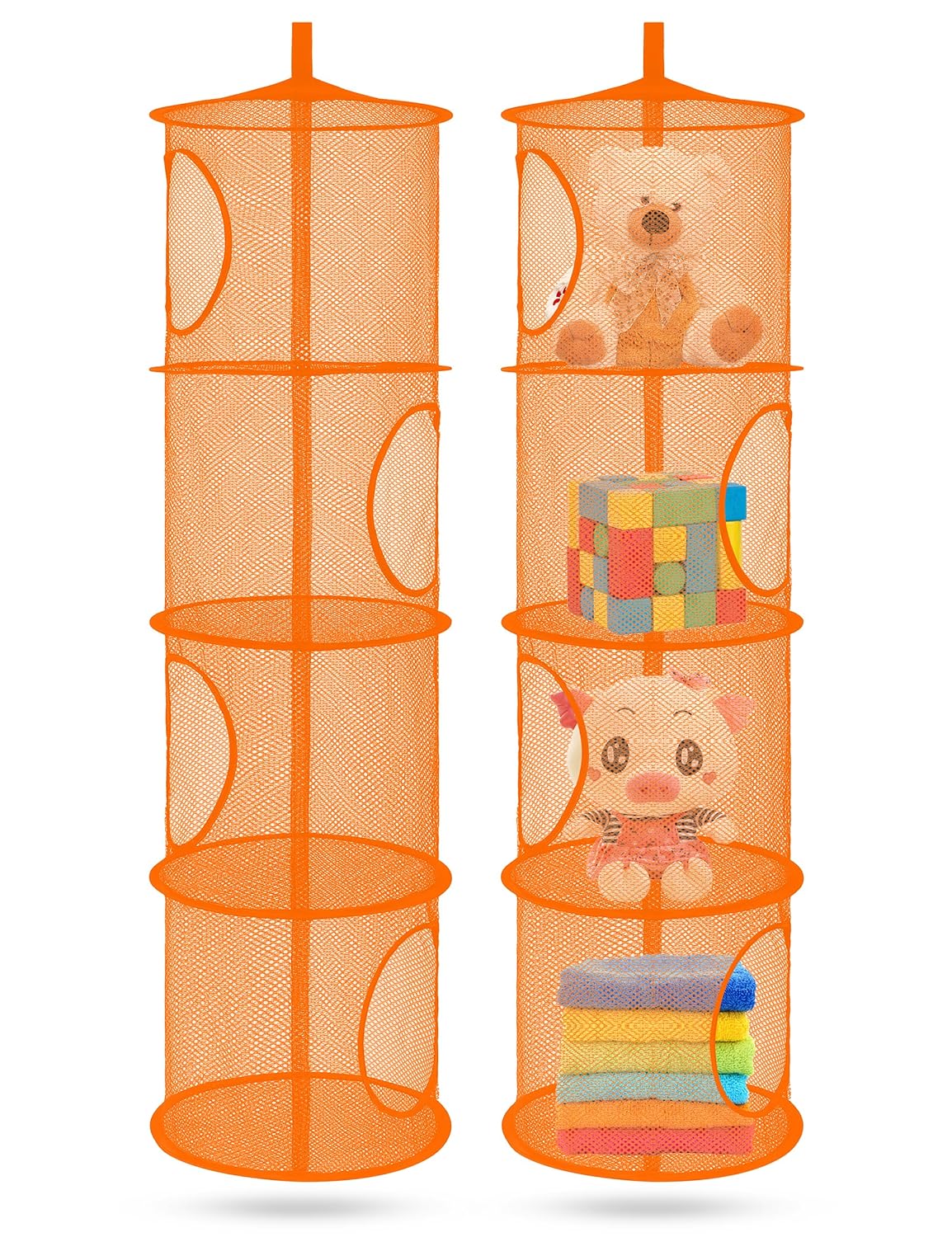 Libeder Mesh Hanging Storage Space Saver Bags Organizer,Foldable Storage Organizer 4 Compartments Toy Storage Basket for Kids Room Bathroom 2 Sets Orange