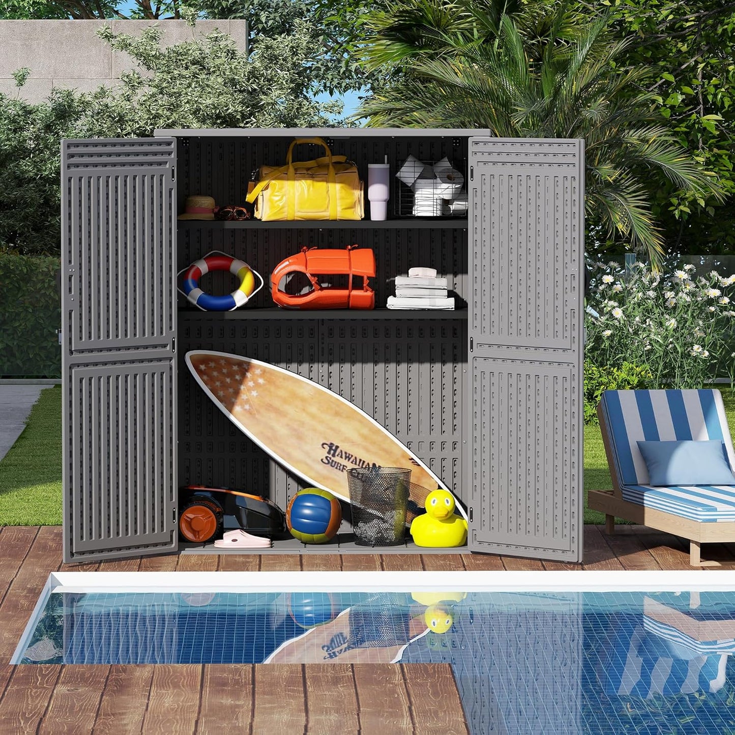 EHHLY Vertical Resin Storage Shed with 2 Shelves, 60 Cuft Garden Tool Sheds & Outdoor Storage, Plastic Outdoor Storage Cabinet Waterproof, 4.5 x 2.3 ft Backyard Outside Lawn Mower Storage Shed, Grey