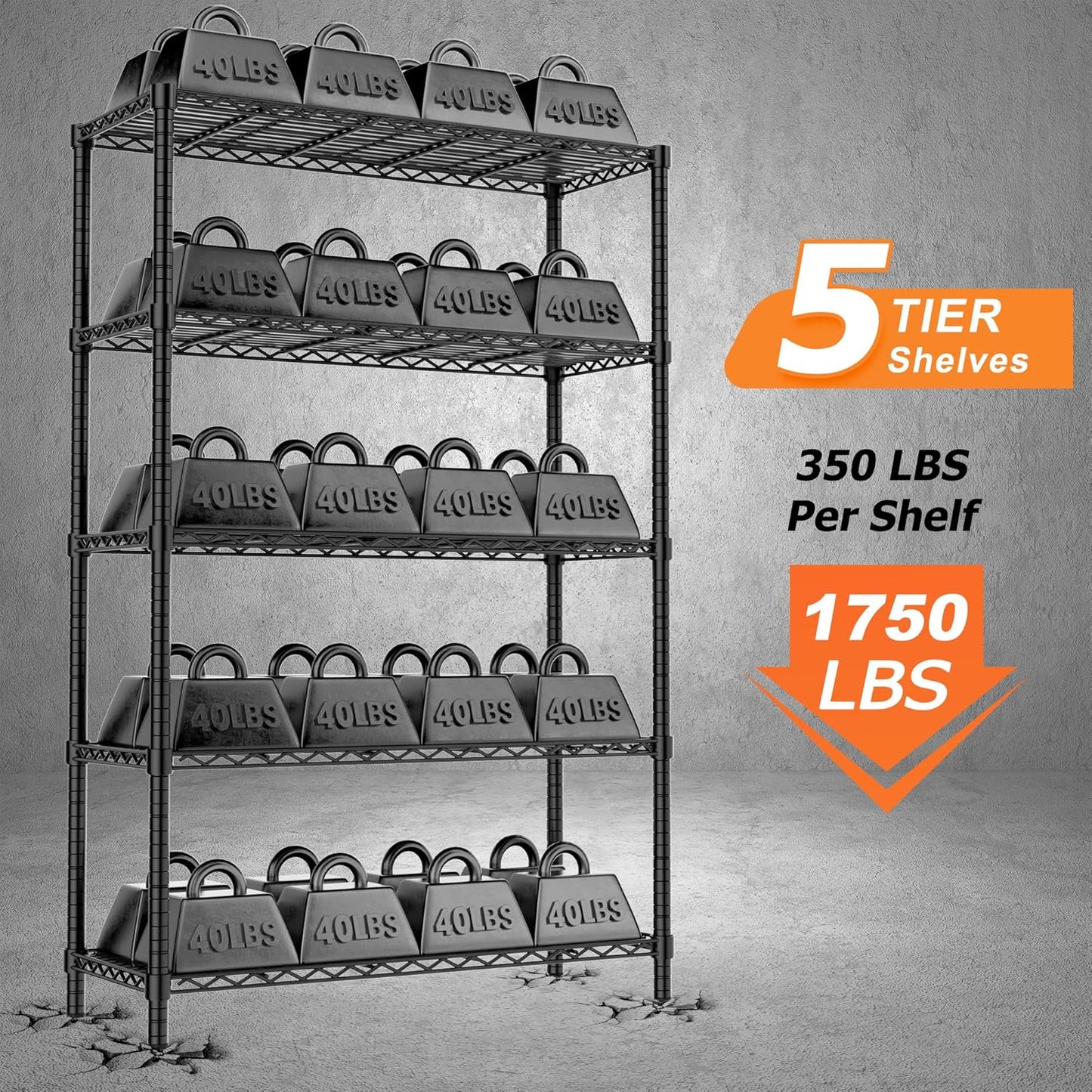 Storage Shelves Heavy Duty, 2 PCS 36" L x 14" W x 72" H Garage Wire Shelving Unit Loads 1750LBS, 5-Tier Adjustable Metal Industrial Utility Shelf Rack for Kitchen, Laundry Room, Warehouse, Basement