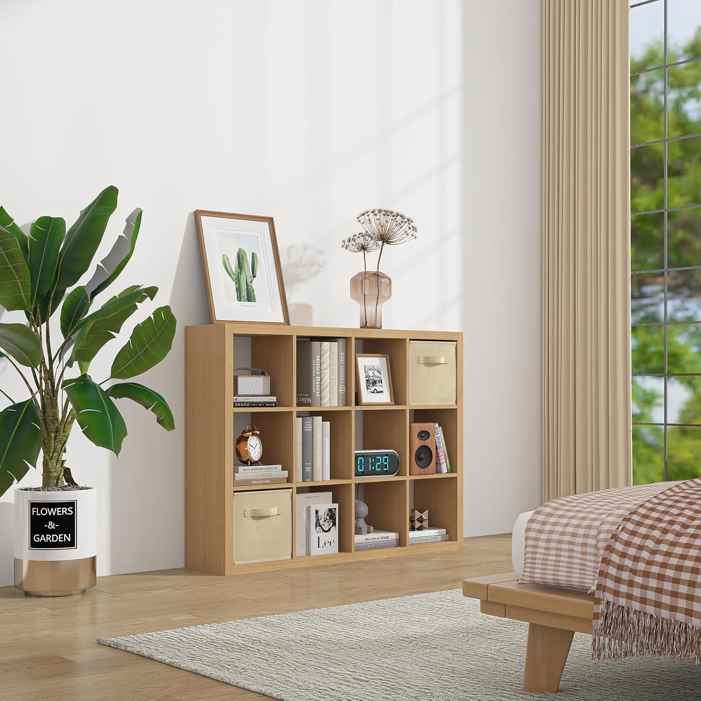furtble Bookshelf with Storage Bin, 6-Cube Storage Organizer, Modern Wood Open Bookcase, Multifunctional Display Shelf for Living Room, Bedroom, Home Office, Oak