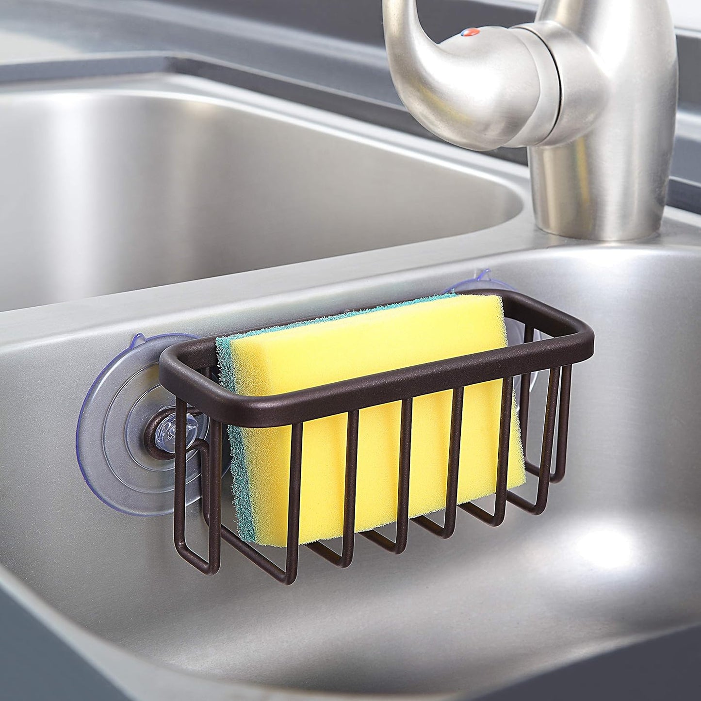 SunnyPoint NeverRust Kitchen & Bathroom Sink Caddy for Sponges, Scrubbers, Soap, 6" x 2.5" x 2.65", with Adhesive Mount - Additional Suction Cup Included –Aluminum (Oil Bronze, NOT Black)