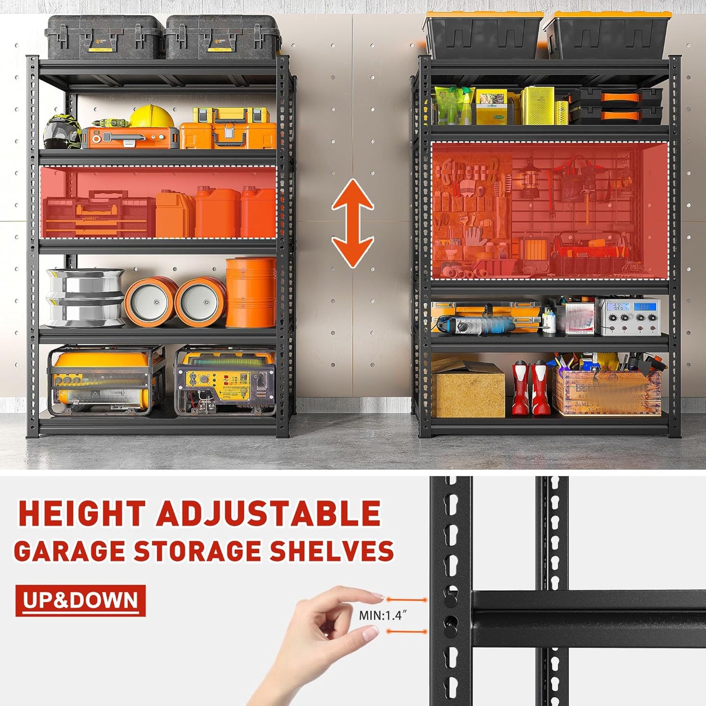 REIBII Garage Shelving 72" H, Storage Shelves Heavy Duty Load 2500 LBS, 5-Tier Metal Shelving Adjustable Garage Shelves for Warehouse, Basement, Pantry, Factory,72" H x36 W x18 D, Black
