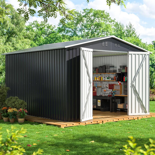 10x10 FT Outdoor Storage Shed, Metal Tool Garden Shed with Updated Frame Structure and Lockable Doors, Ideal for Backyard Garden Patio Lawn, Grey
