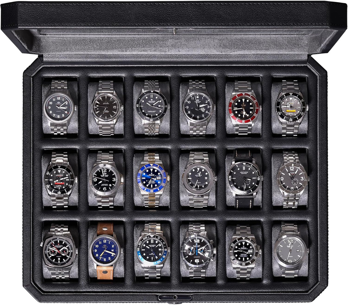 ROTHWELL 18-Slot Watch Case – Luxury Watch Box for Men, Real Glass Top, Lockable, Elegant Display for Collections (Black/Grey)