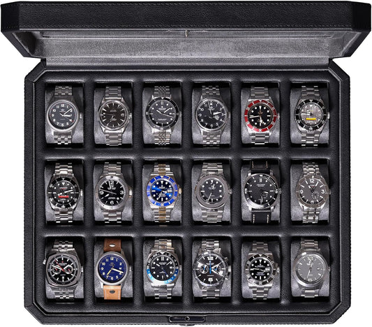 ROTHWELL 18-Slot Watch Case – Luxury Watch Box for Men, Real Glass Top, Lockable, Elegant Display for Collections (Black/Grey)