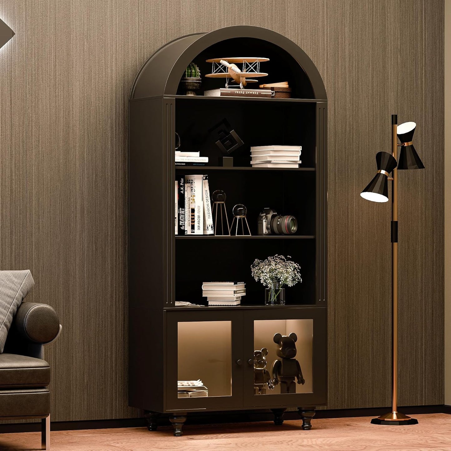 Wooden Arched Display Storage Cabinet with Glass Door, LED Lights,Showcase for Collections, Perfume, Vinyl Albums, Bookcase for Home Office, Living Room, Clinic, Pantry (Black-Arched top)