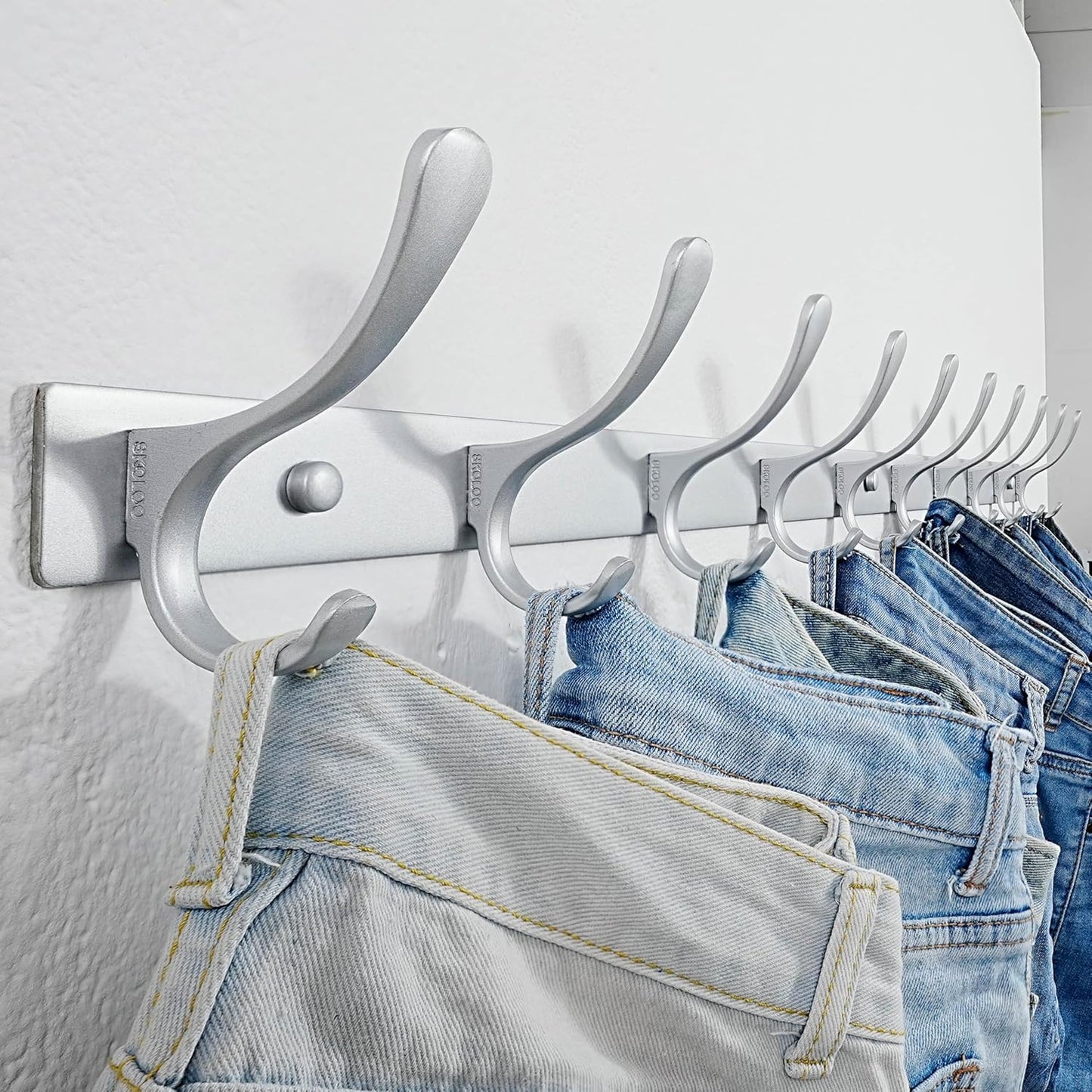 SKOLOO Coat Rack Wall Mounted - 10 Hooks, Pack of 2, Heavy Duty, Stainless Steel, Metal Wall Hangers, Sturdy Coat Hooks for Hanging Coats, Jacket, Clothes, Hat, Cold Light Silver