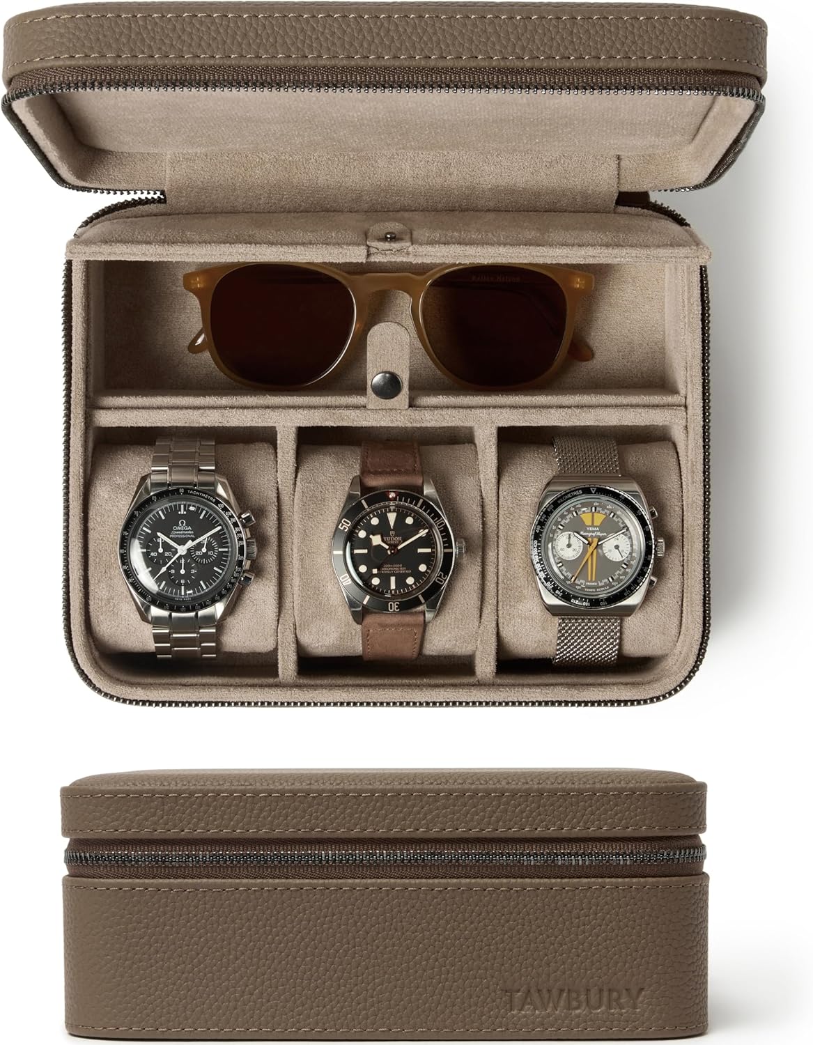 TAWBURY Watch Case - 3 Slot Portable Watch Storage Box for Home & Travel with Extra Wide Pillows for Large Watches and Compartment for Accessory Storage (Taupe)