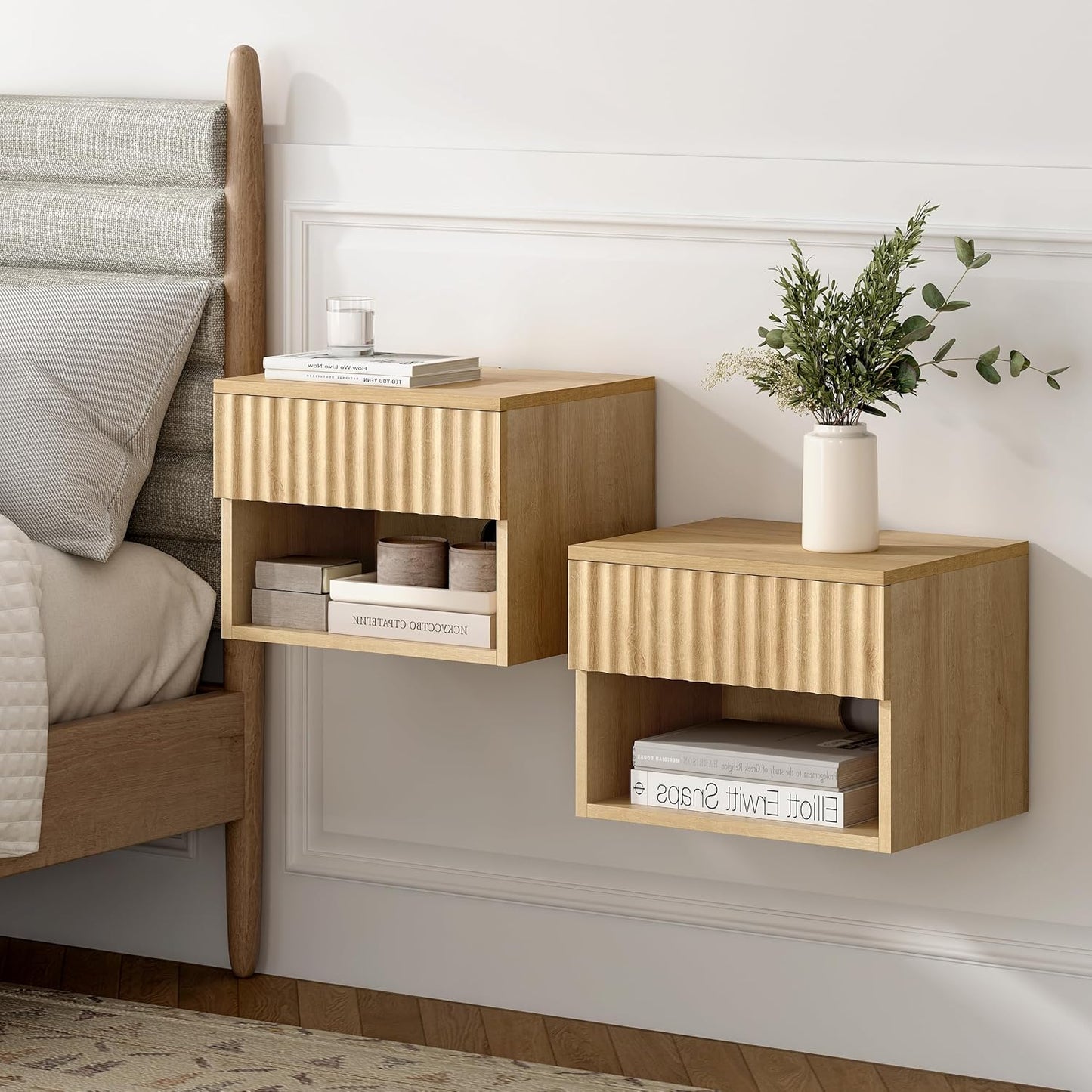 Floating Nightstands Set of 2 with Drawer and Open Shelf, Small Wall Mounted Bedside End Table, Modern Fluted Night Stand for Bedroom, Living Room, Natural Oak