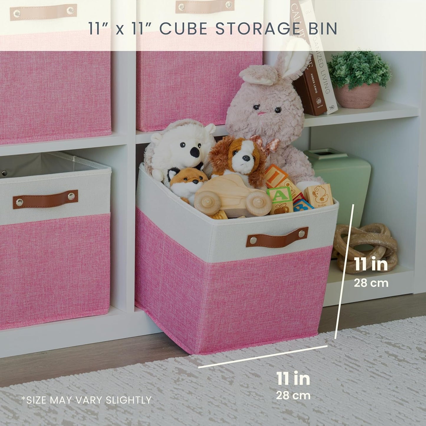 OrganiHaus 11" x 11" x 11" Fabric Cubes Storage Bins Set of 4, Foldable Collapsible Canvas Storage Bins for Organizer, Toy Organizer for Kallax, 11 Inch Linen Cube Shelf Baskets - Pink/White