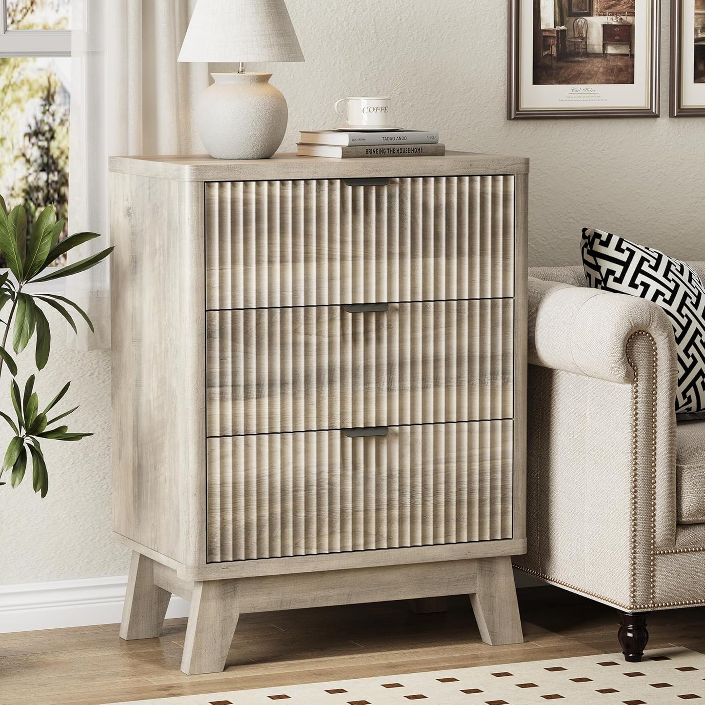 Fluted Nightstand with 3 Storage Drawers, 24" Wide Wood Bedside Table with Mental Handle, Mid Century Modern Wooden Side Table Night Stand, Curved End Table for Bedroom, Living Room, Grey