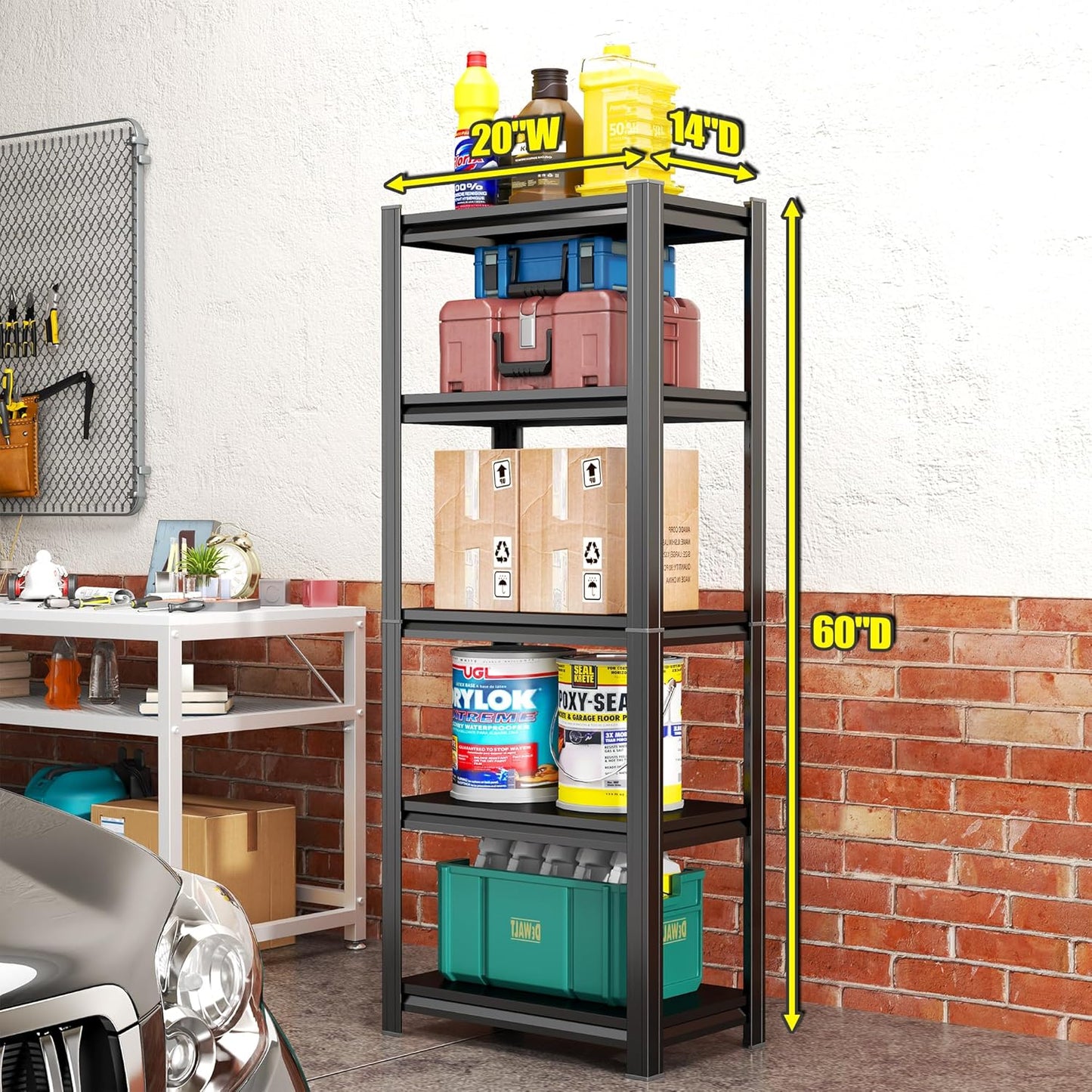 63''Storage Shelves, Garage Metal Shelving Unit, Adjustable, Double-Layer Column with Reinforced Ribs, Heavy-Duty, Capable of Bearing 3000 lbs, Suitable for Garage, Warehouse, Kitchen Storage
