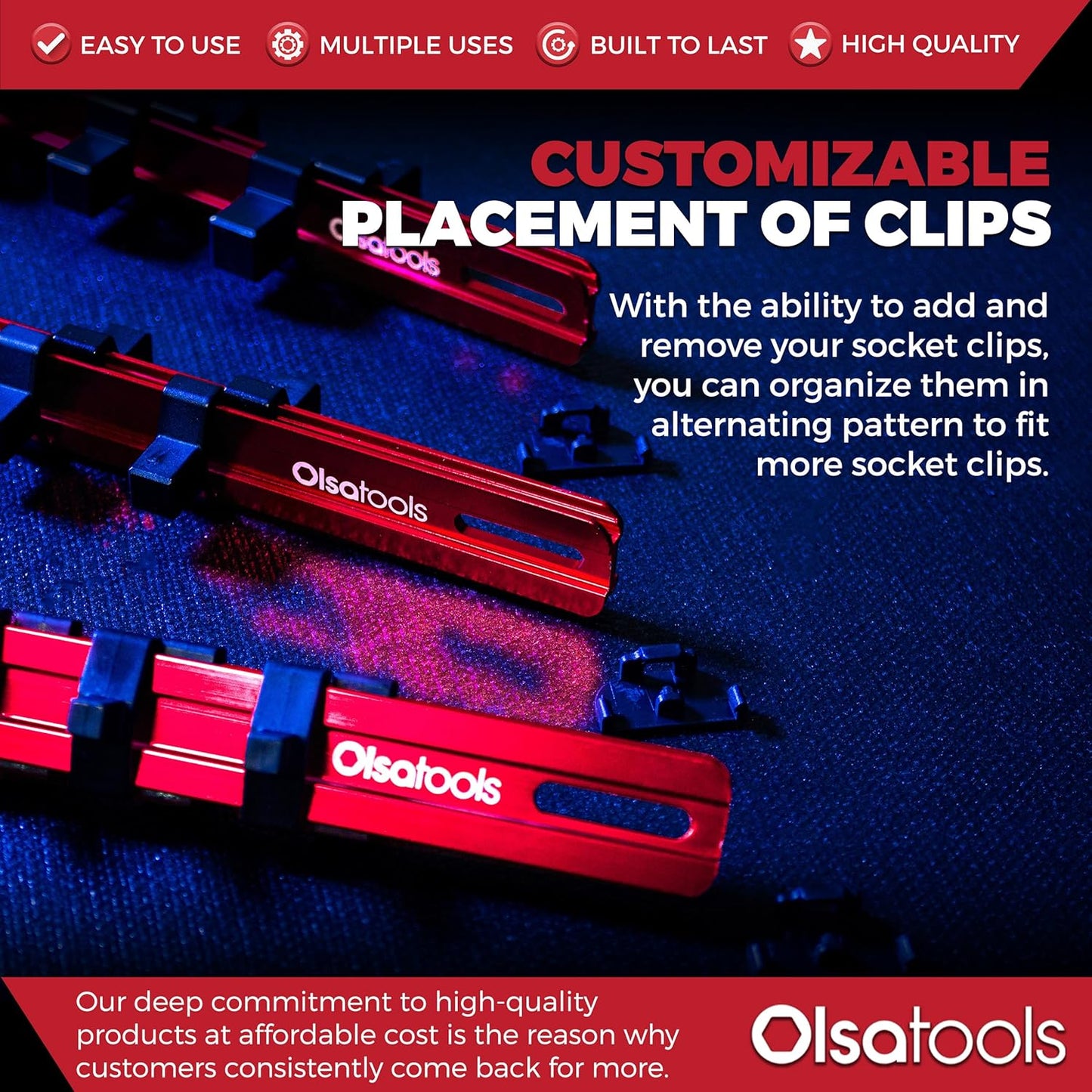 Olsa Tools 3-Pc Set Aluminum Socket Organizer | Locking End Caps | 1/4-Inch, 3/8-Inch, 1/2-Inch Drive Socket Holders with 24, 18, 16 Clips Each (Red)