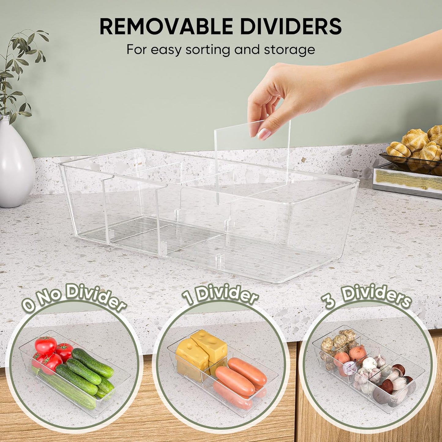 BALEINE Pantry Organizers and Storage Bins, Plastic Clear Storage Bins with 3 Removable Dividers, BPA-Free Fridge Organizers for Kitchen Cabinet Bathroom (10.5x6.1x3.5, 6PK)
