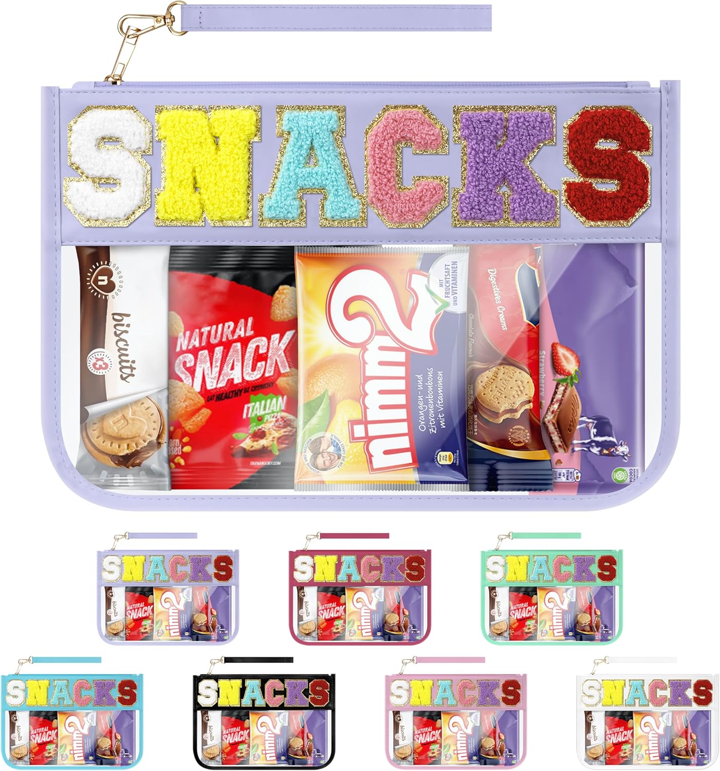 Snack Bag for Travel & Makeup - Clear Chenille Letter Zipper Pouch, Waterproof Cosmetic Tote Bag for Women & Girls (Purple)