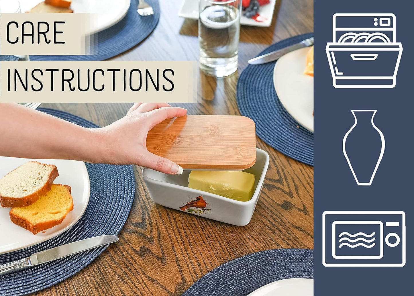 Nat & Jules Dean Crouser Ceramic Stoneware 1/2 Pound, 2 Sticks Butter Dish Airtight Bamboo Lid, Kitchen Accessory, Container Holder, Refrigerator Storage, Countertop Organization, Watercolor Cardinal