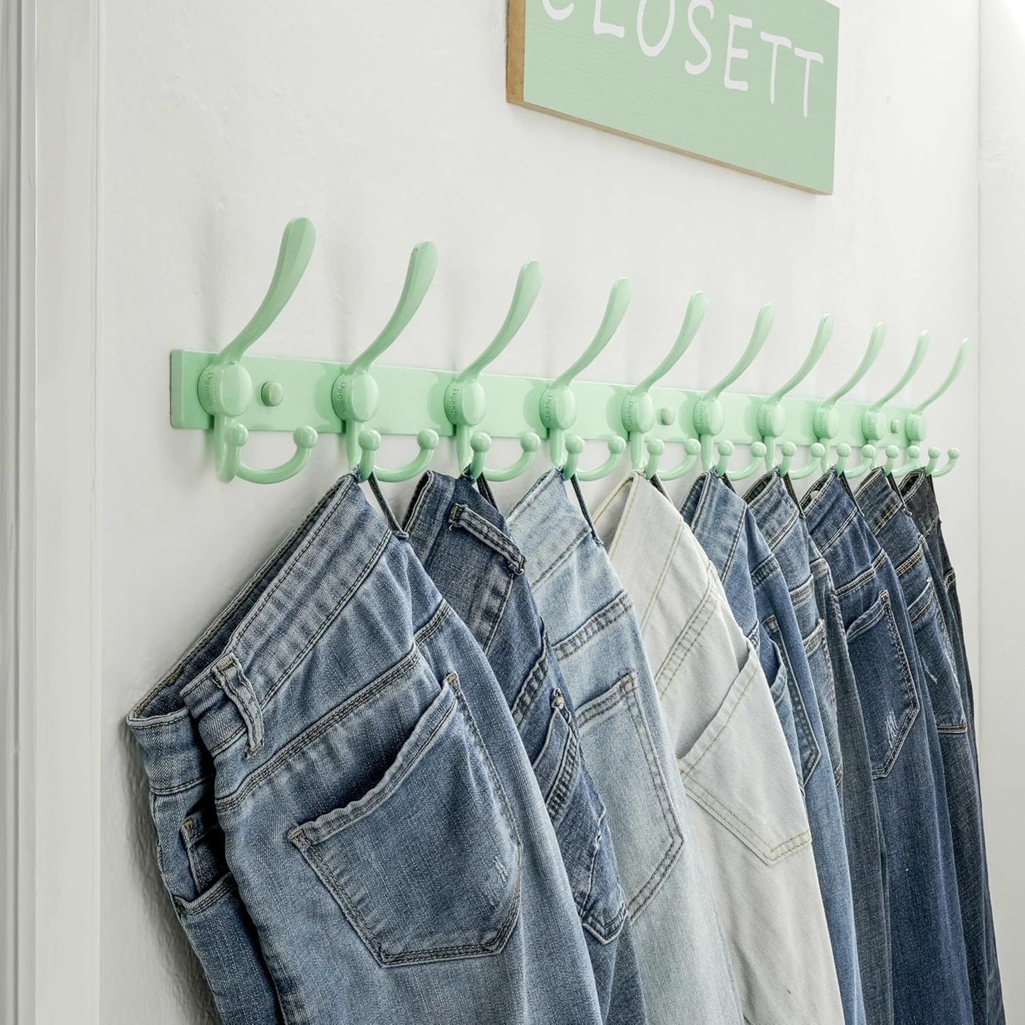 Dseap MaxStrong 2.0 Coat Rack Wall - 37” Long 10 Tri Hooks - Ultra Heavy-Duty Stainless Steel Wall Mount Coat Hanger, Hook Rail for Clothes Hats Jacket Towels Green