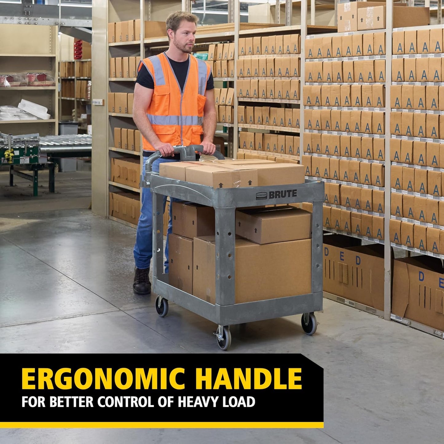 Rubbermaid Commercial Products BRUTE Heavy Duty 2-Shelf Utility/Service Cart, Large, Lipped Shelves, Ergonomic Handle, 750 lbs. Capacity, Black, for Warehouse/Garage/Cleaning/Maintenance/Stadiums