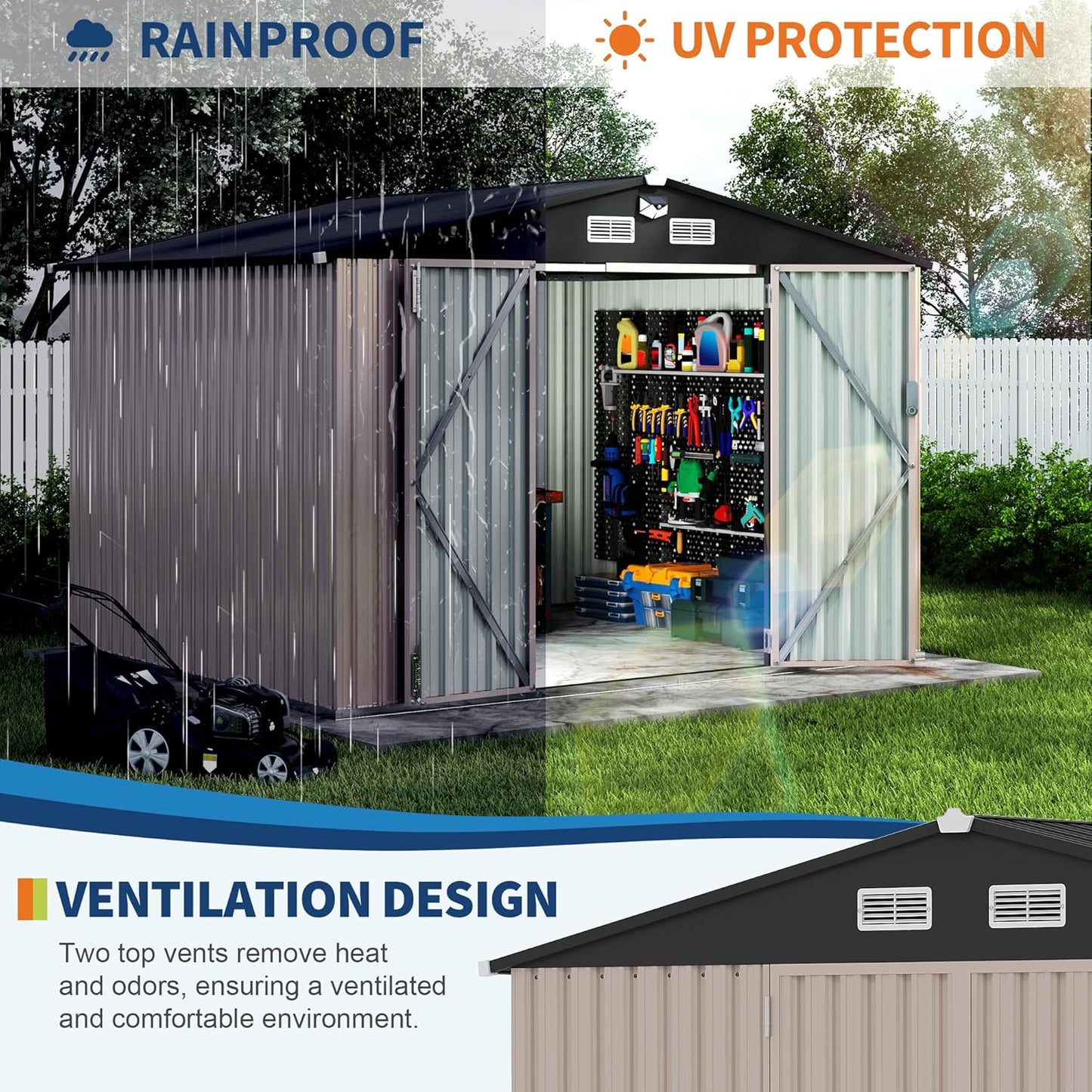 8x10 FT Metal Storage Sheds Outdoor with Solar Light, MetalTool Shed with Lockable Door, MetalYard Sheds Garden Shed Kit, Metal UtilitySheds Buildings with Air Vent for Backyard Garden Patio Lawn