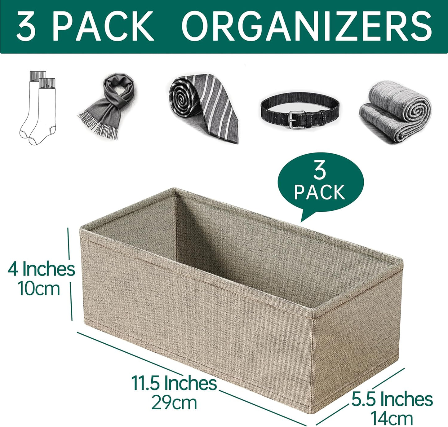 3 PACK Drawer Organizer Clothes，drawer Divider， Dresser Drawer Storage for Sock, Underwear, Bra，Panties，Belt, Tie, Stockings, Leggings & Accessories (Beige)