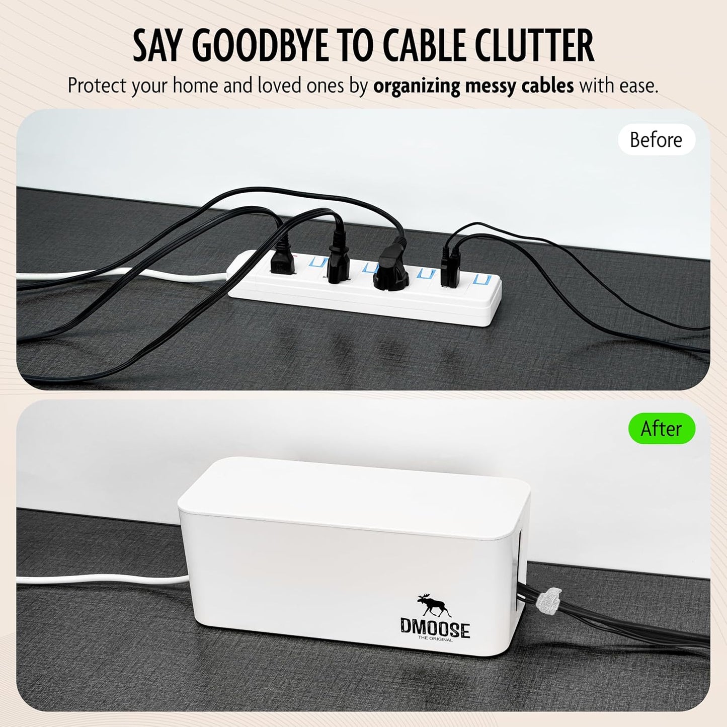 DMoose Cable Management Box - 2 Pack Medium & Large Cord Organizer for Desk & Floor - Cable Organizer Box for Child & Pet - Cable Box Hider for Tidy Office & Home, Power Strip Cover (White, Pack of 2)