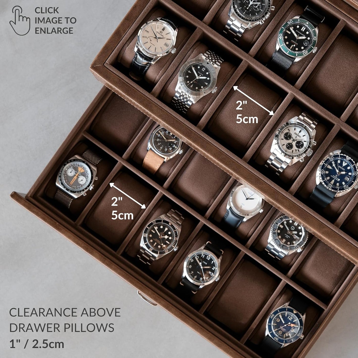 TAWBURY 24 Slot Watch Box for Men - Extra Large Watch Case with Double-Layer Design for Optimized Storage | Removable Drawer for Easy Handling (Brown)