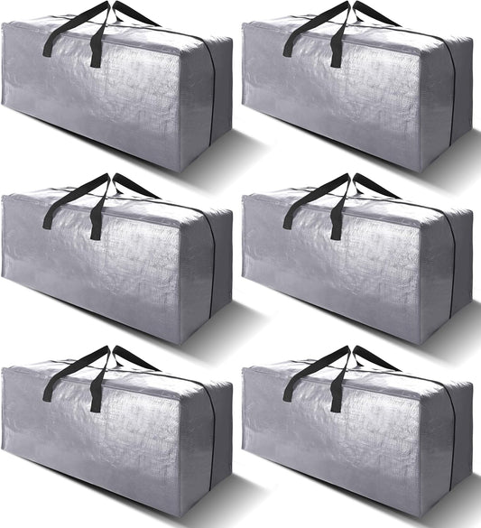 6 Pack Heavy Duty Extra Large Moving Bags W/Backpack Straps - Strong Handles & Zippers, Storage Totes For Space Saving, Fold Flat, Alternative to Box and Bin (40 gal, Silver)