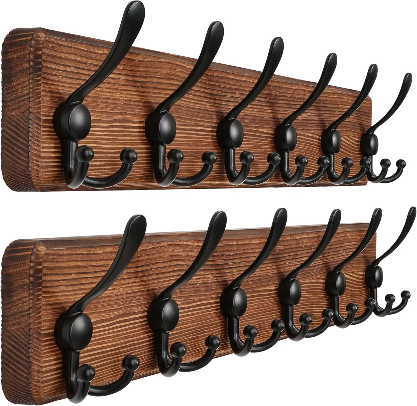 Dseap Coat Rack Wall Mounted - 24" Long 6 Tri Hooks, Heavy Duty Wooden Wall Coat Hanger Coat Hook for Clothes Hat Jacket Clothing, Natural and Black, Pack of 2
