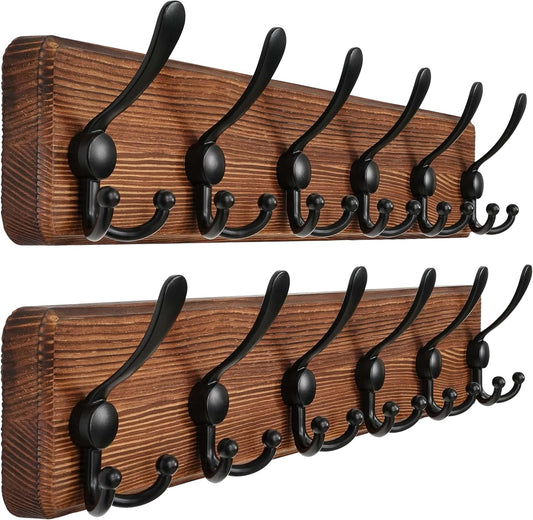 Dseap Coat Rack Wall Mounted - 24" Long 6 Tri Hooks, Heavy Duty Wooden Wall Coat Hanger Coat Hook for Clothes Hat Jacket Clothing, Natural and Black, Pack of 2