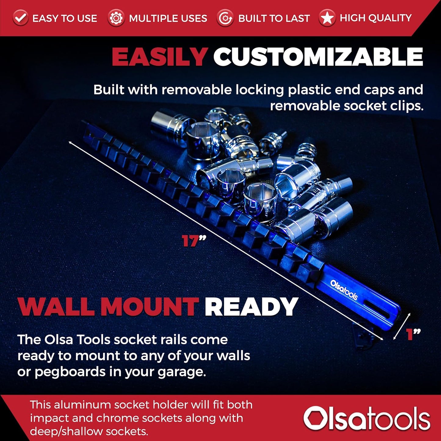 Olsa Tools 1/2-Inch Drive Aluminum Socket Organizer with Locking End Caps | Professional Quality Socket Holder (BLUE)