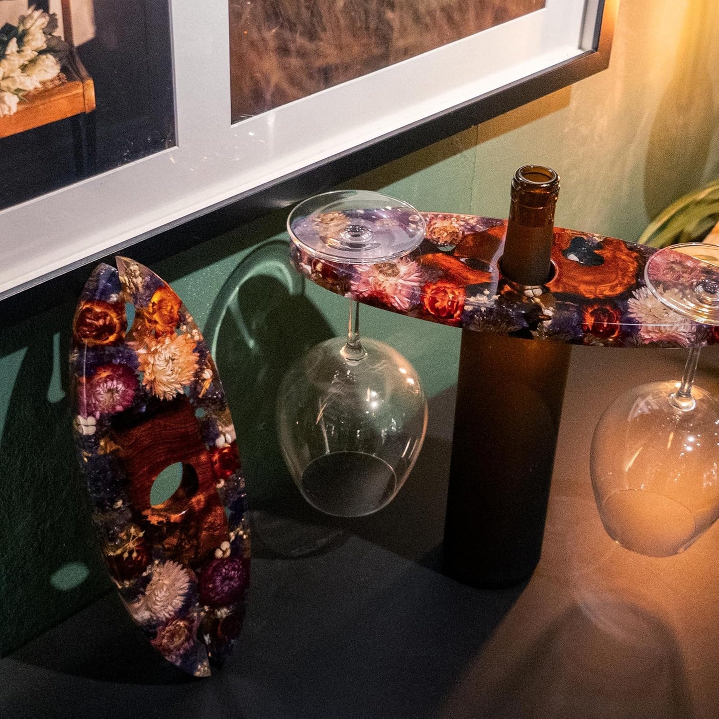 Handcrated Wood Wine Bottle & Glass Holder with Flowers Preserved, Vintage Countertop Stand for 1 Bottle & 2 Glasses, Unique Wine Caddy for Home Bar, Gift for Wine Lover