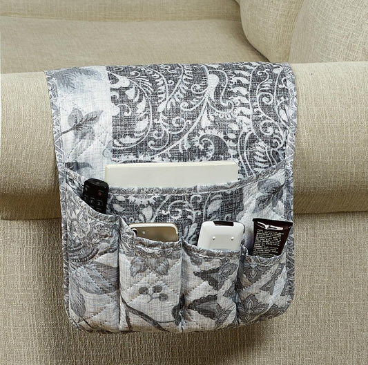 Brilliant Sunshine Grey Flowers Patchwork Couch Armrest 5 Pockets Organizer, Slip Resistant Recliner Armchair Caddy, Washable Remote Controls Holder, Storage for Magazine, Tablet, Phone, iPad, Grey
