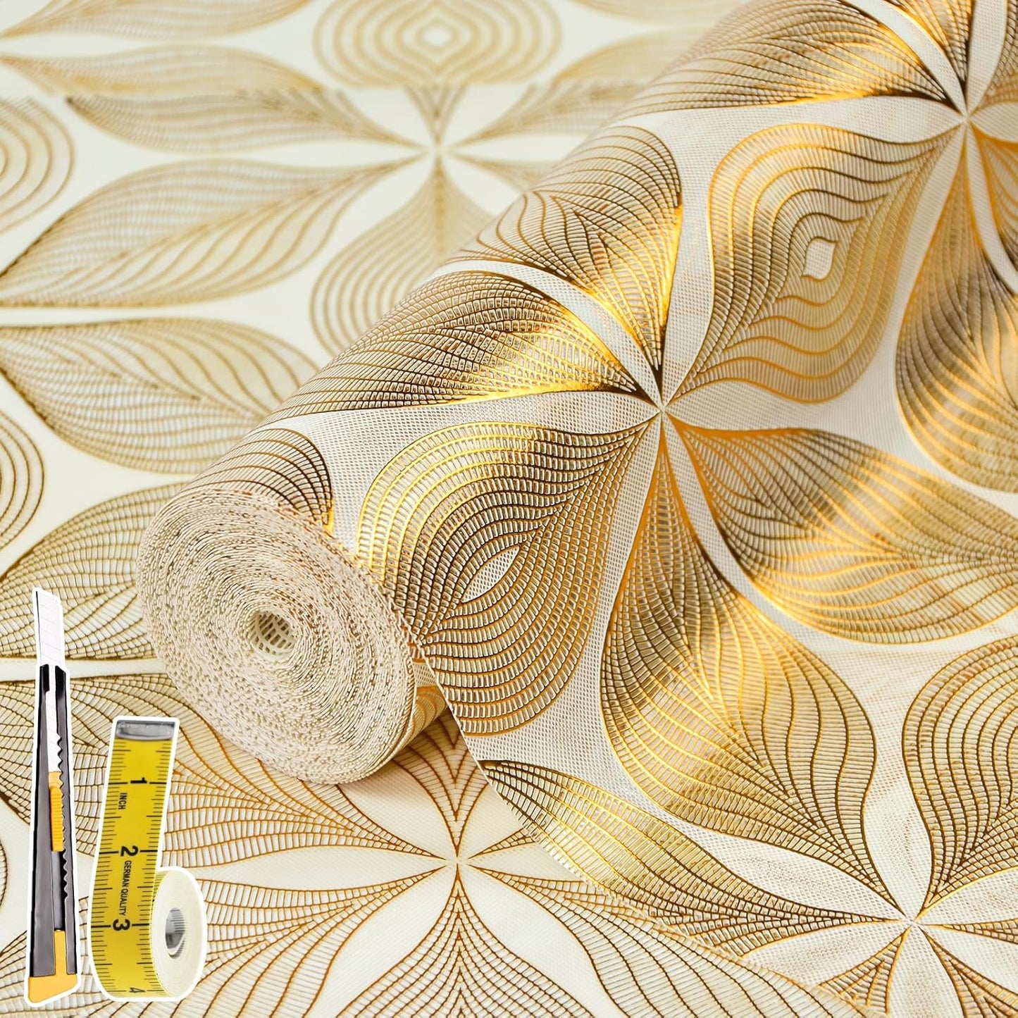 Drawer and Shelf Liner for Kitchen Cabinet,Non-Adhesive Waterproof Drawer Liner for Dresser & Bathroom Vanities with Adhesive Dots & Cutting Tool(18 in X 20 Ft Gold Leaf Pattern)